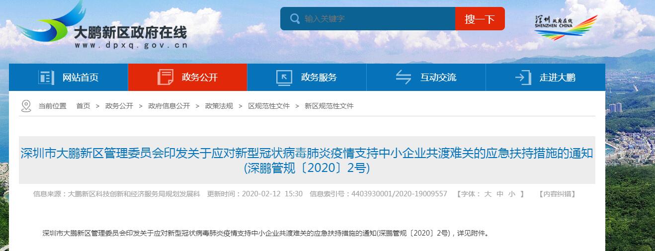 深圳大鹏新区应对新型冠状病毒肺炎疫情优惠政策